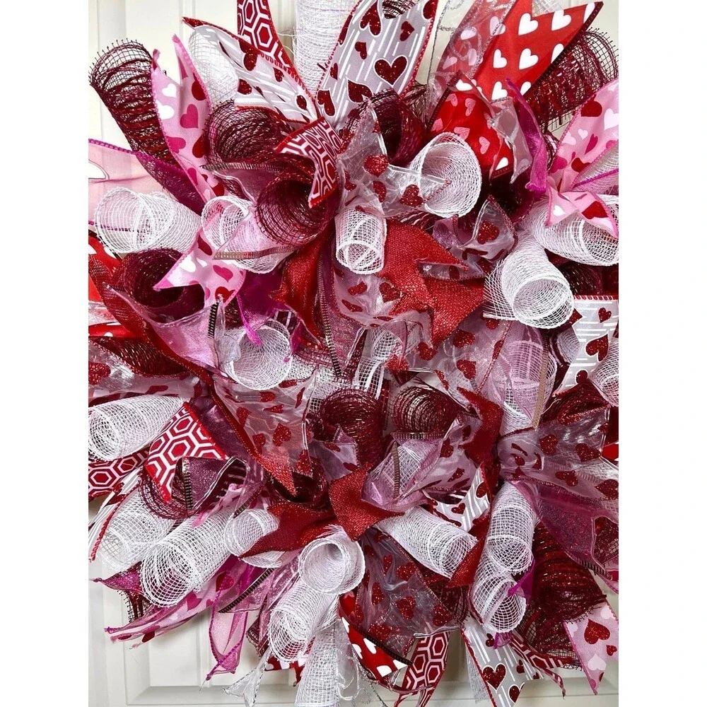 Handmade 22” Valentine’s Day Ribbon Mesh Wreath Hearts in Red & Pink w23